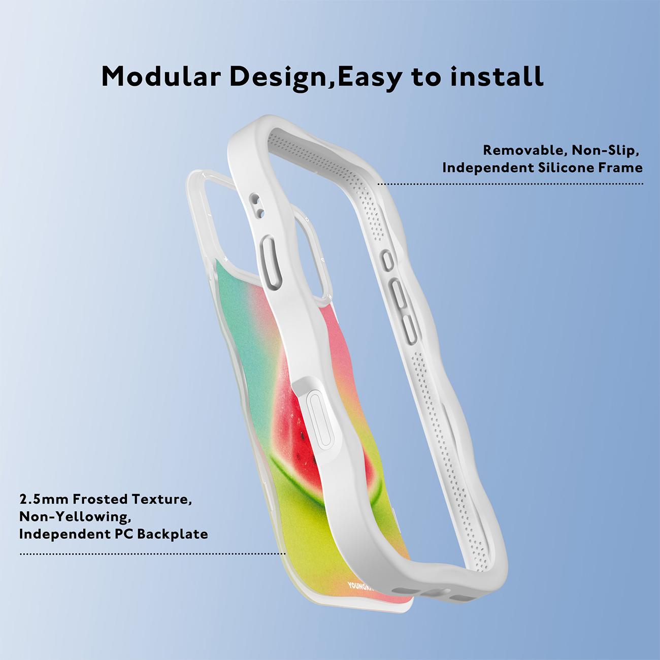 Vista explosionada de una funda protectora modular con marco blanco y trasera de sandía.