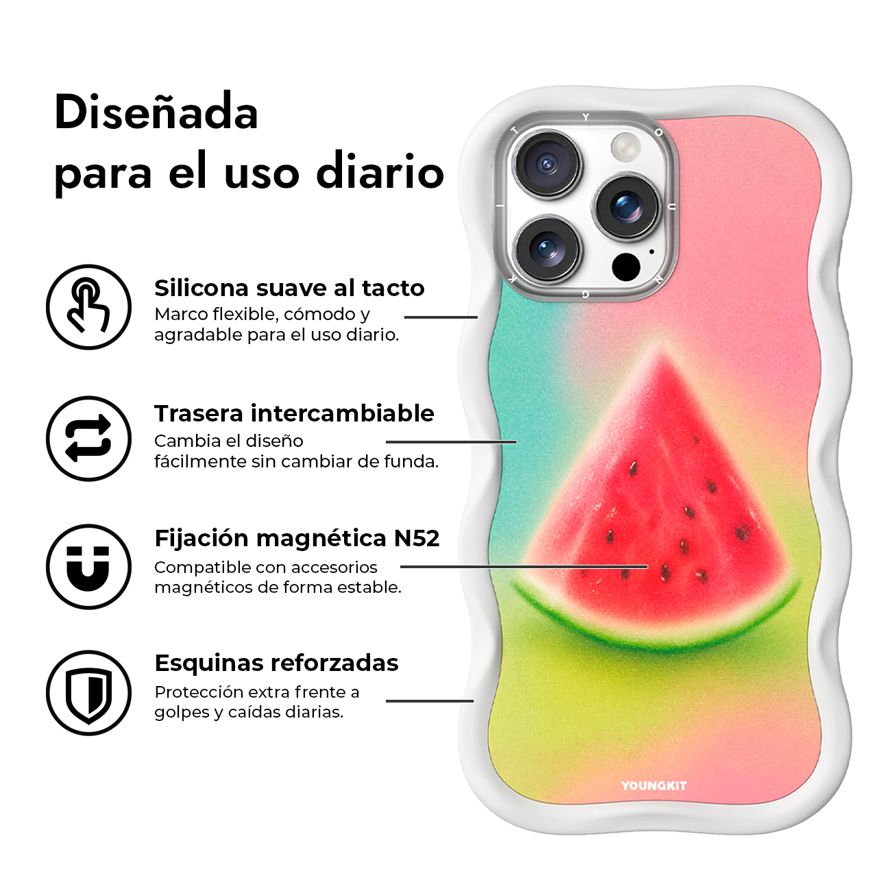 Funda de móvil de sandía con silicona suave, trasera intercambiable y fijación magnética.