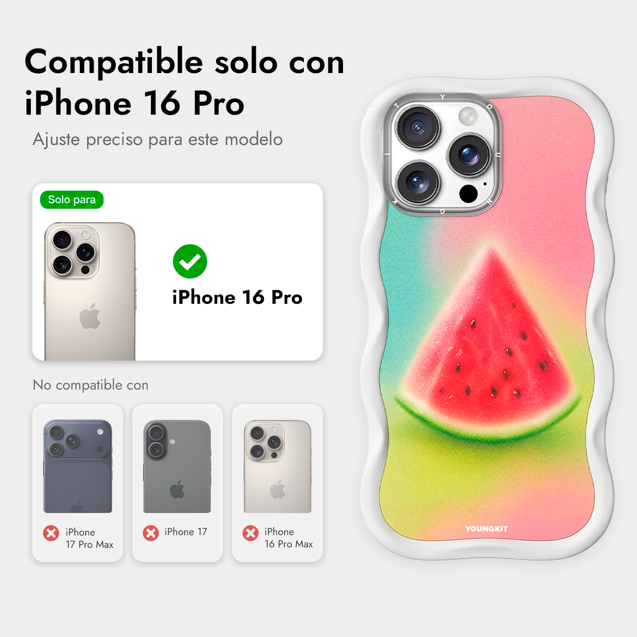 Funda de sandía para móvil compatible con iPhone 16 Pro, mostrando detalles de compatibilidad.