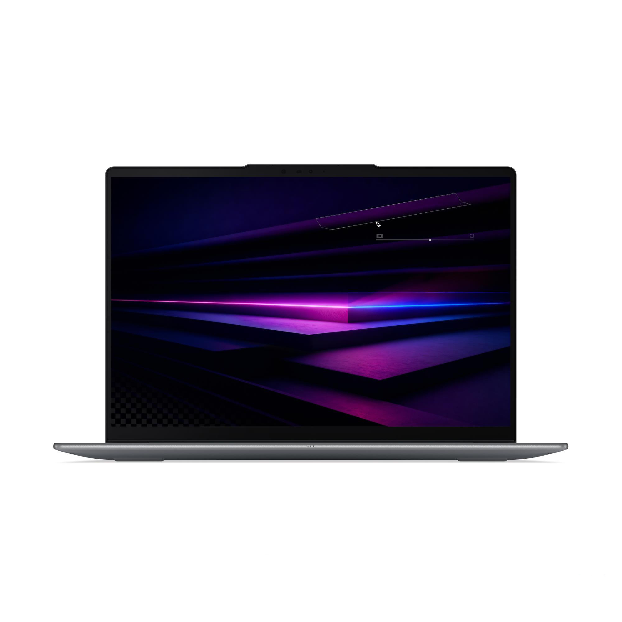 Un computer portatile grigio con uno schermo che mostra una scena scura con linee viola e blu luminose.