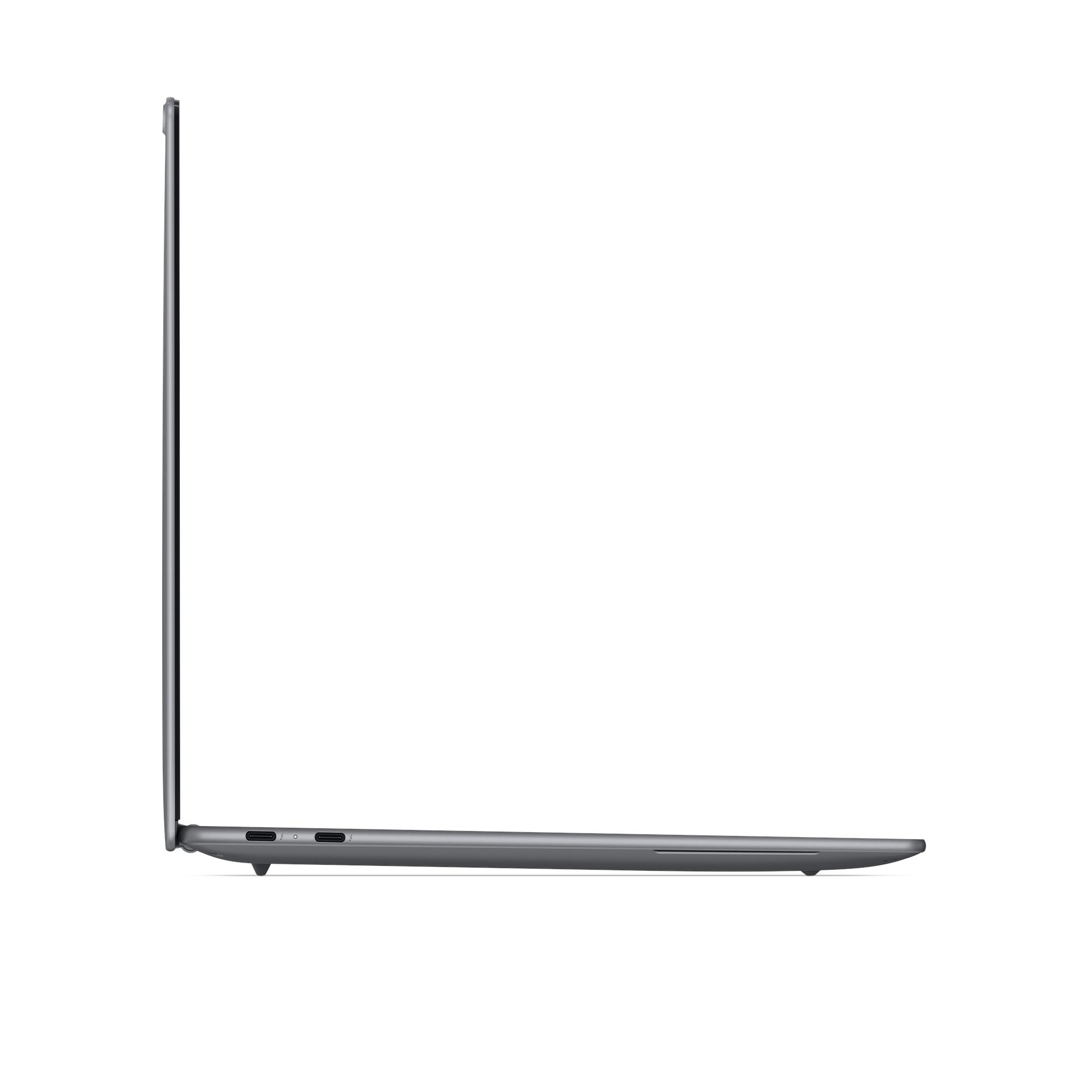 Vista laterale di un laptop grigio sottile con porte USB-C su sfondo bianco.