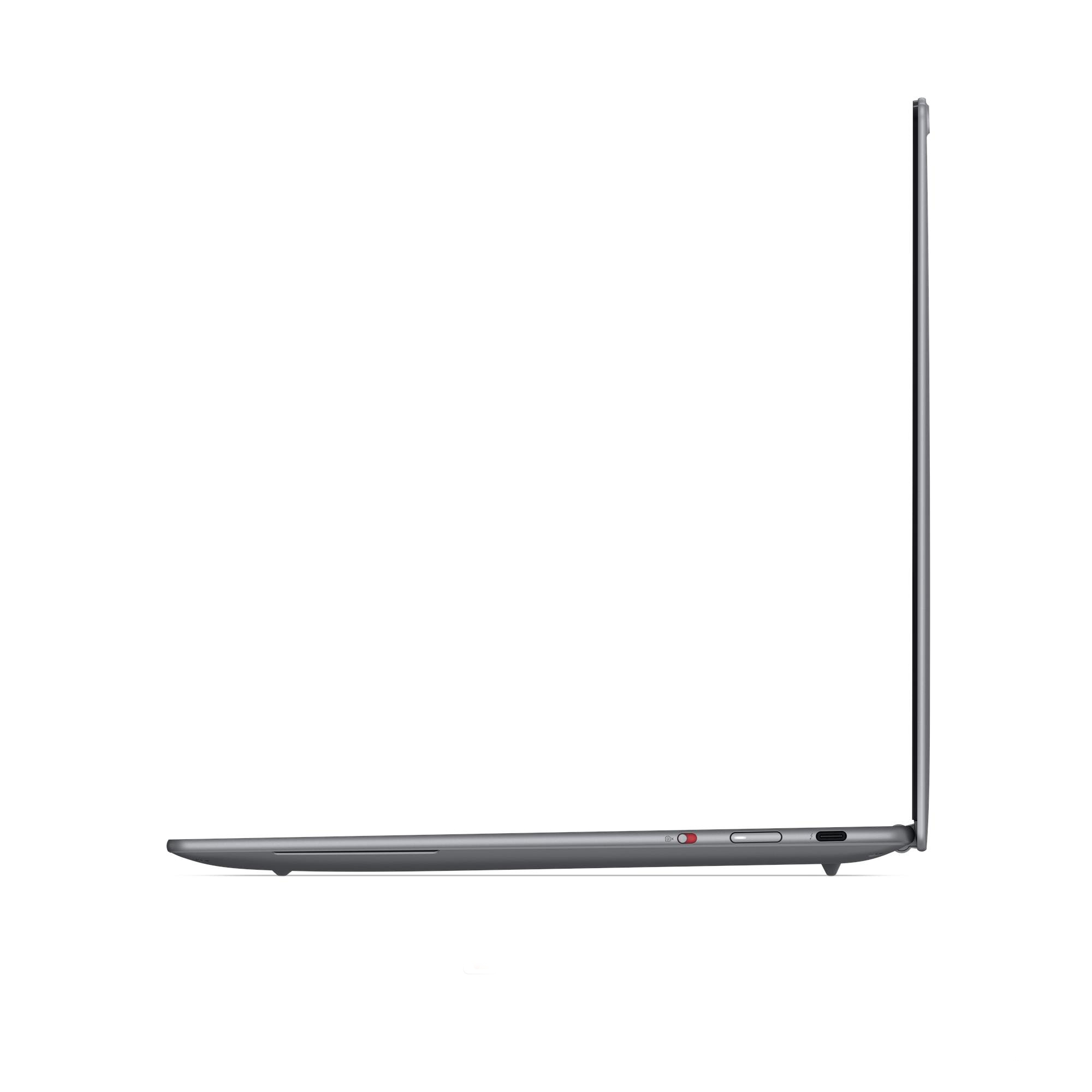 Vista laterale di un laptop grigio chiuso con porte visibili su una superficie bianca.