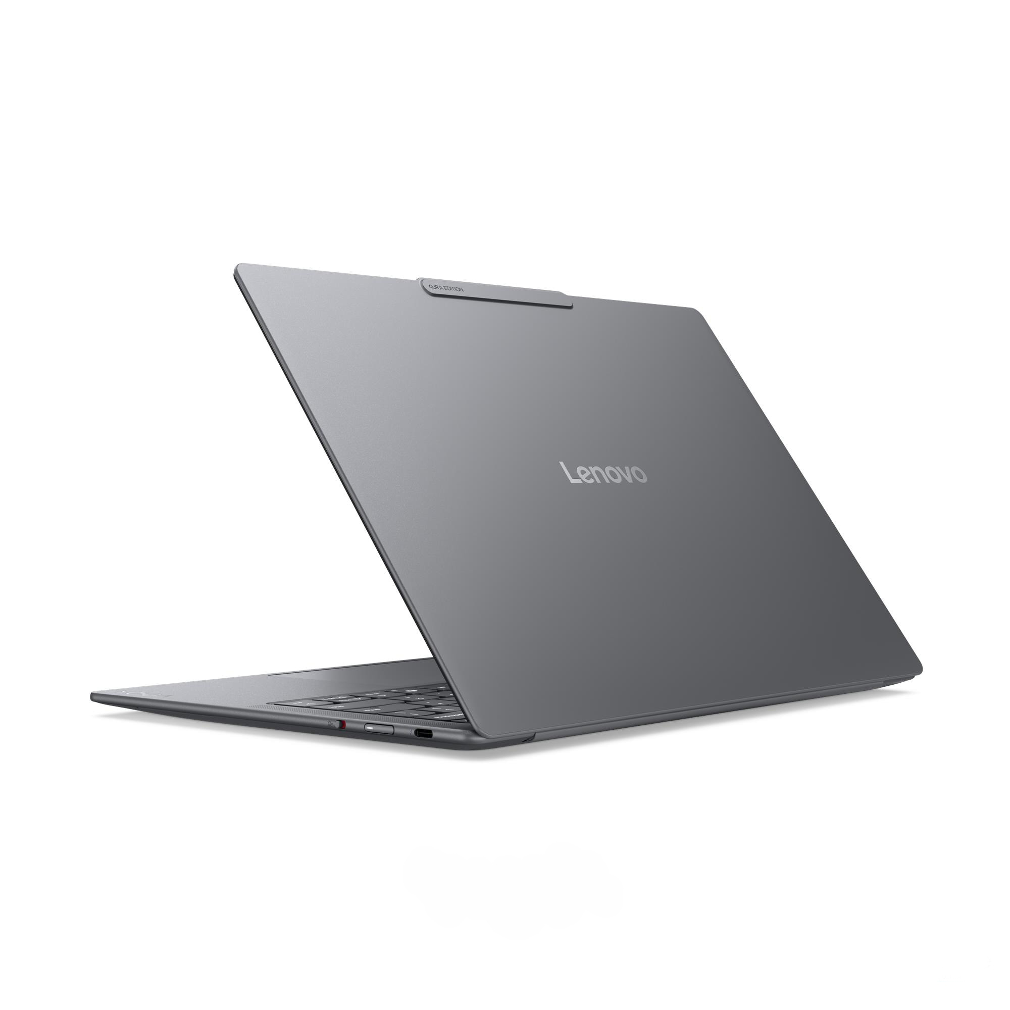Un laptop Lenovo grigio visto da dietro, che mostra il suo design elegante e il logo Lenovo su sfondo bianco.