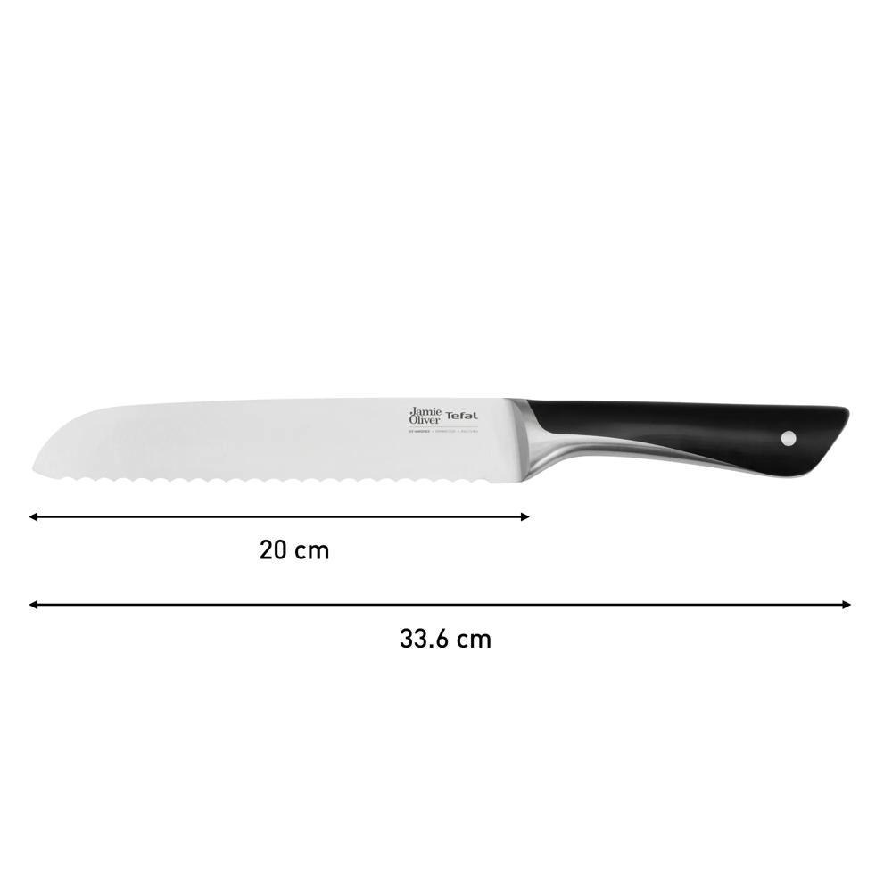 Ein Jamie Oliver by Tefal Brotmesser mit Maßen von 20 cm für die Klinge und 33,6 cm insgesamt auf weißem Hintergrund.