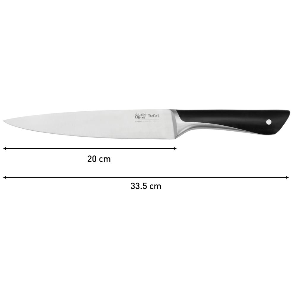 Ein Jamie Oliver Tefal Kochmesser mit schwarzem Griff und silbernen Messungen von 20 cm und 33,5 cm.