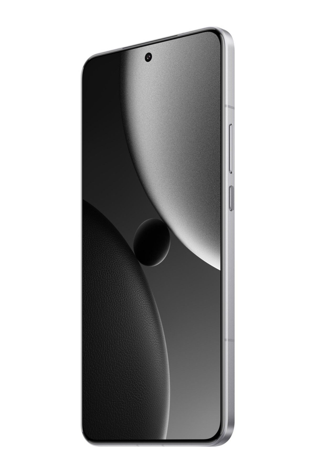 Minimalist tasarıma sahip, siyah ekranlı ve dairesel ön kameralı gümüş renkli akıllı telefon.