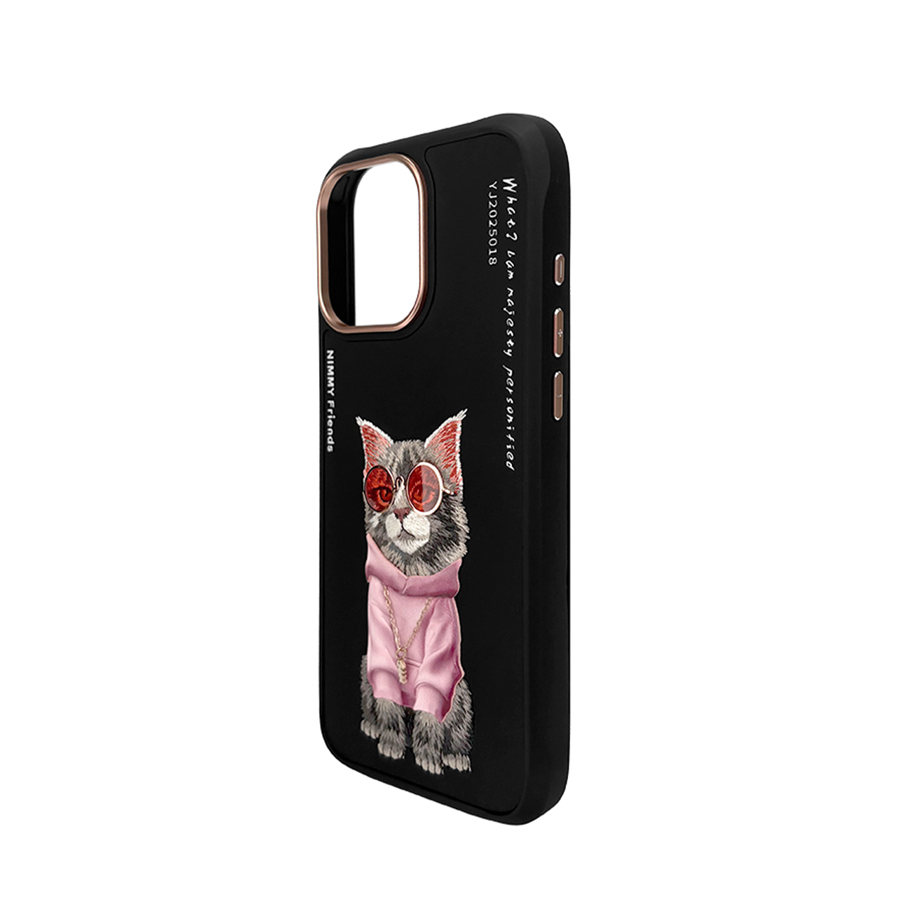Una funda de móvil negra muestra la ilustración de un gato con gafas de sol rosas, sudadera y collar.