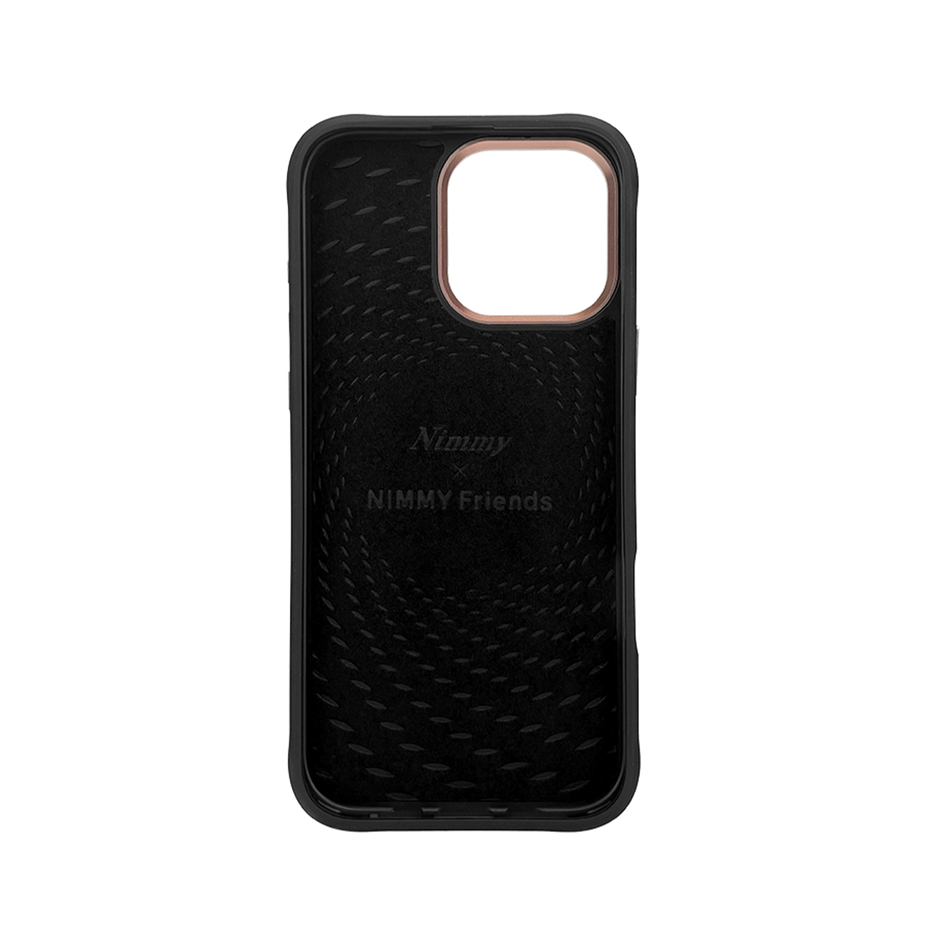 Funda negra para smartphone con borde de cámara en oro rosa y logotipo grabado dentro.