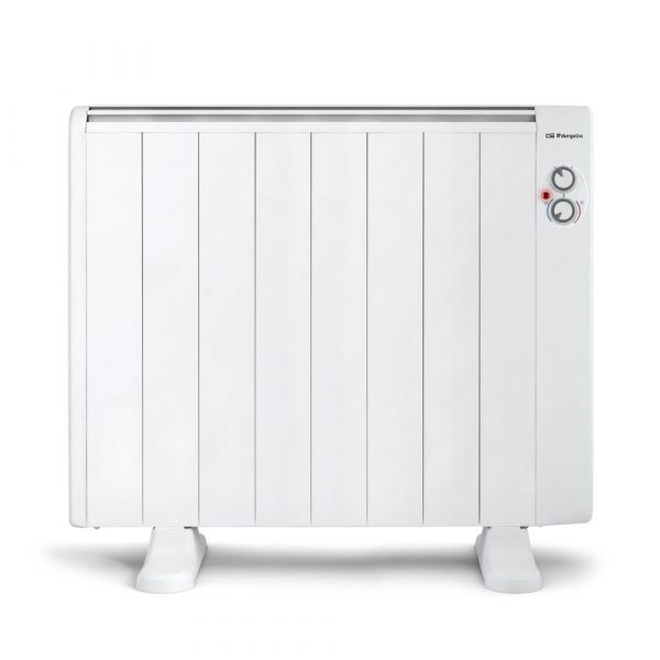 Un radiador eléctrico blanco con dos mandos y patas, sobre un fondo blanco.