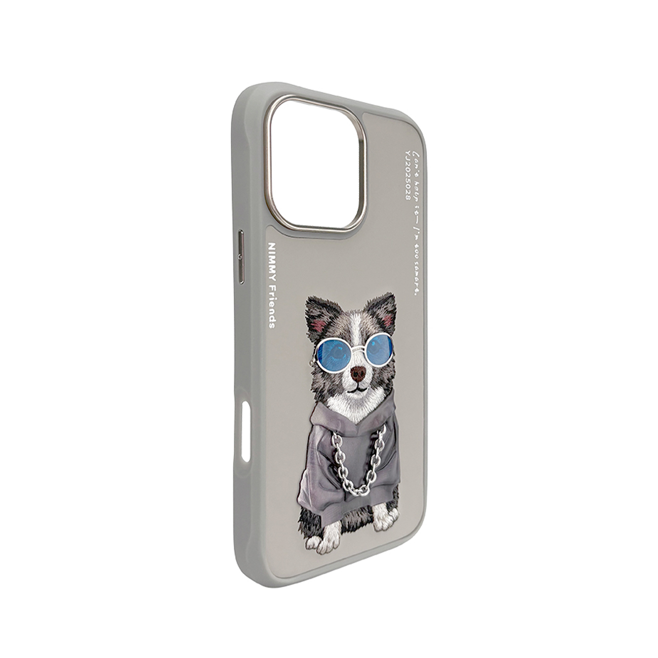 Funda gris para teléfono con un perro bordado con gafas de sol azules y sudadera con cadena de plata.