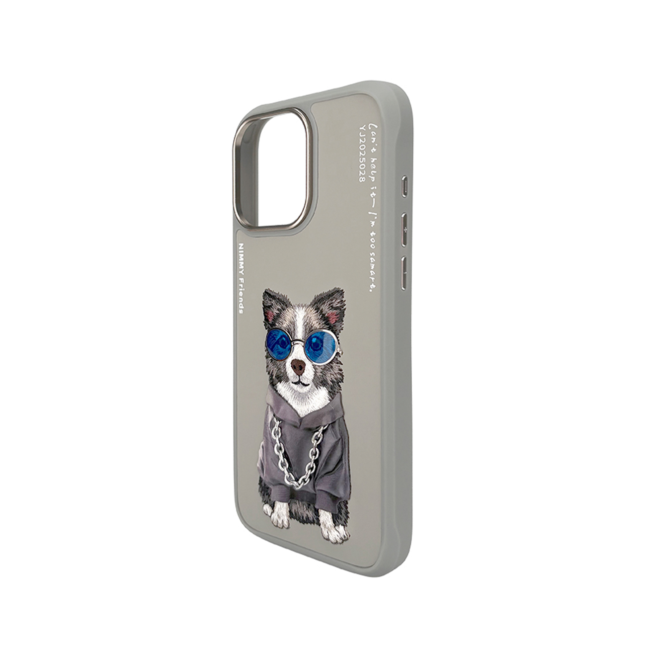 Funda de teléfono gris con la ilustración de un perro con sudadera, cadena y gafas de sol azules.