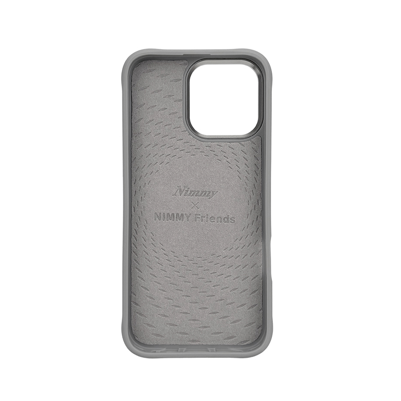 Interior de una funda de móvil gris con patrón y texto Nimmy x NIMMY Friends.