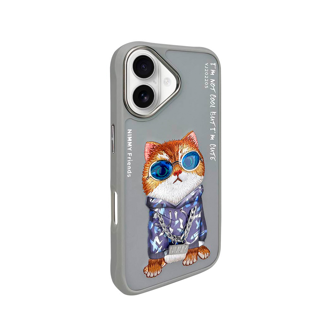 Funda de teléfono gris con la ilustración de un gato con gafas de sol y sudadera.