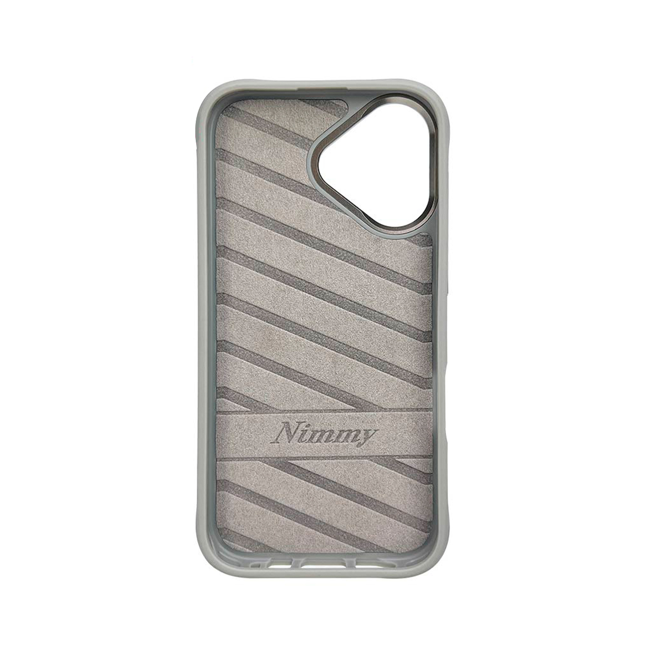 Funda de móvil gris con patrón de rayas diagonales y la marca Nimmy en el interior.