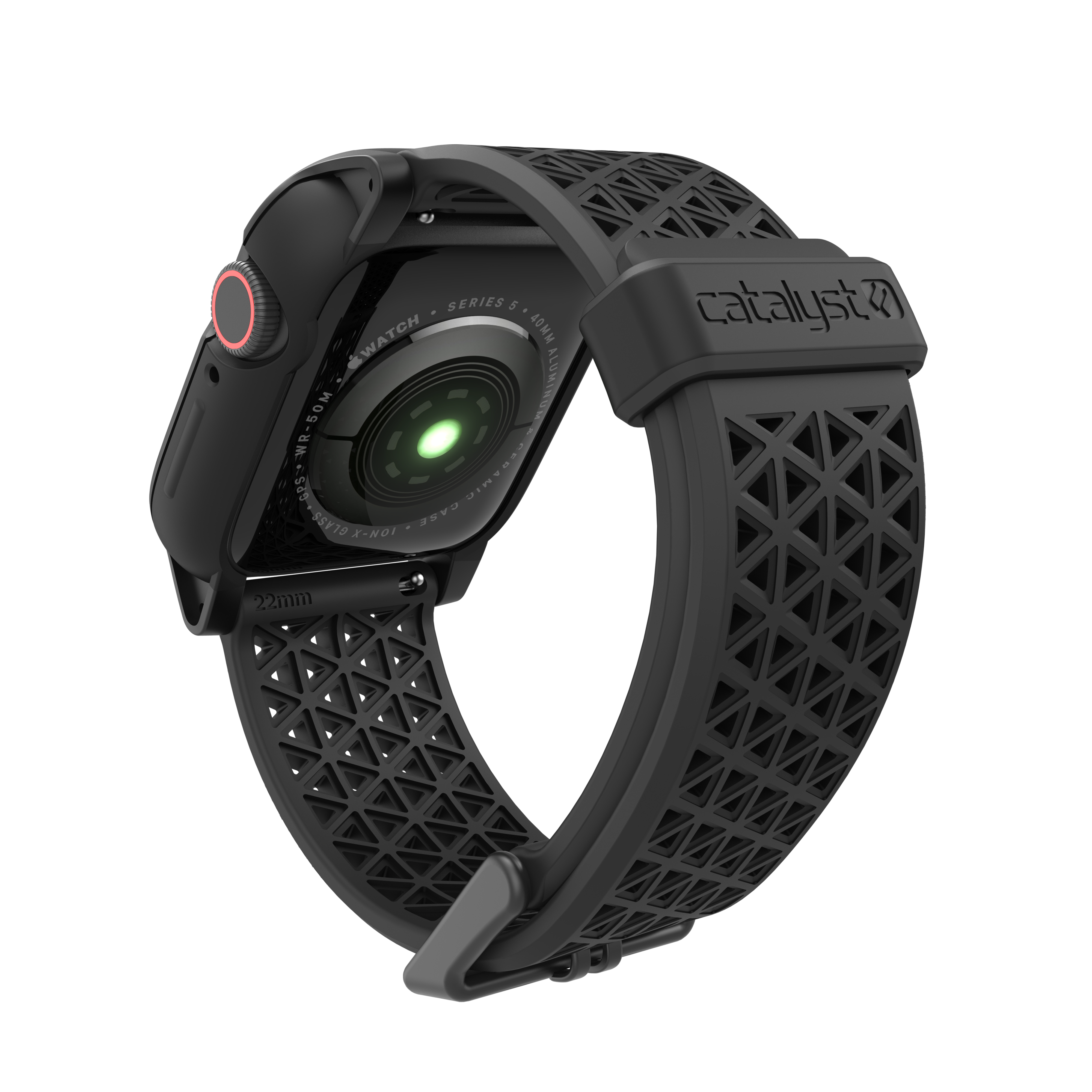 Eine schwarze Smartwatch mit einem strukturierten Armband und einem grün leuchtenden Sensor auf der Rückseite.