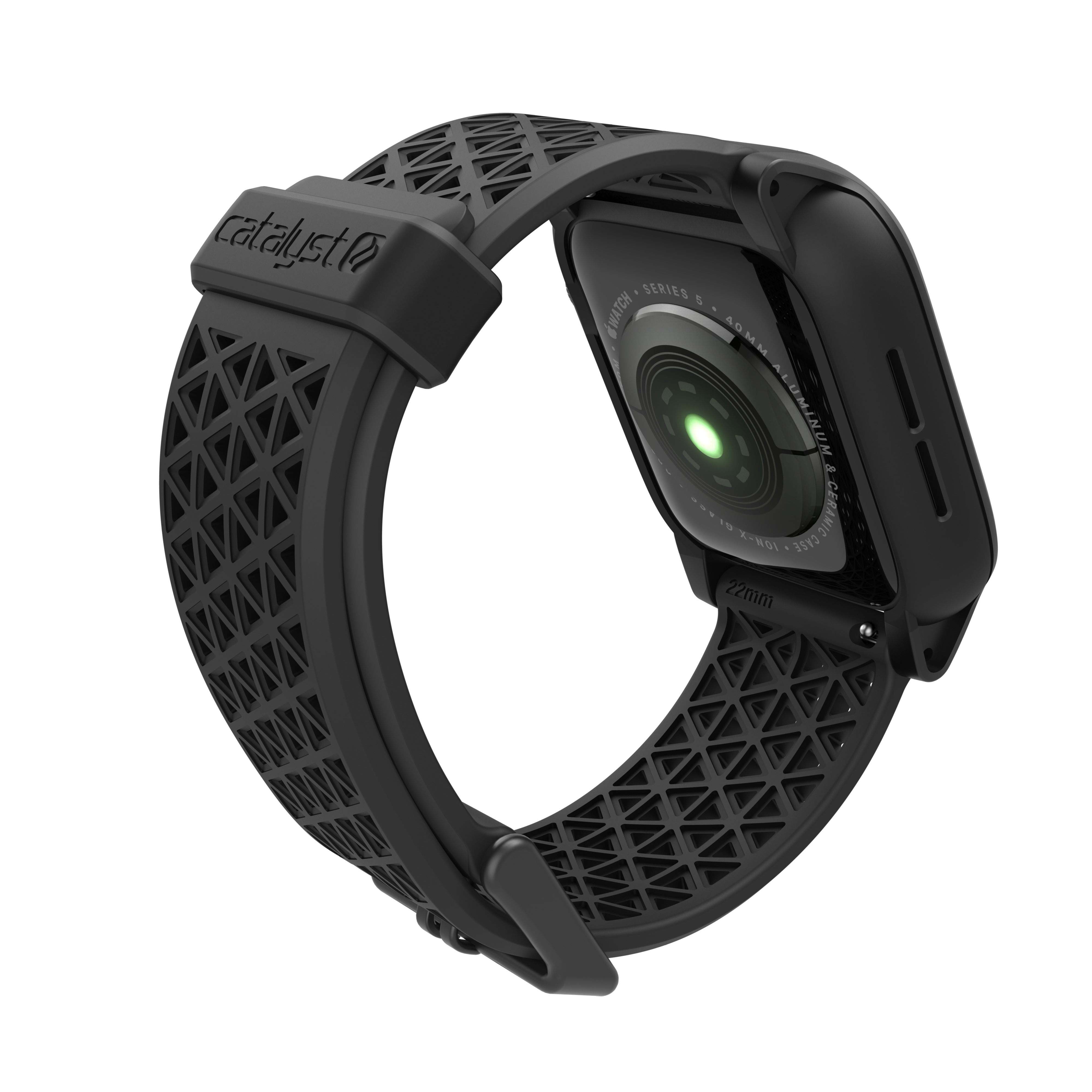 Eine schwarze Smartwatch in Schutzhülle mit grünem Herzfrequenzsensor auf der Rückseite vor schwarzem Hintergrund.