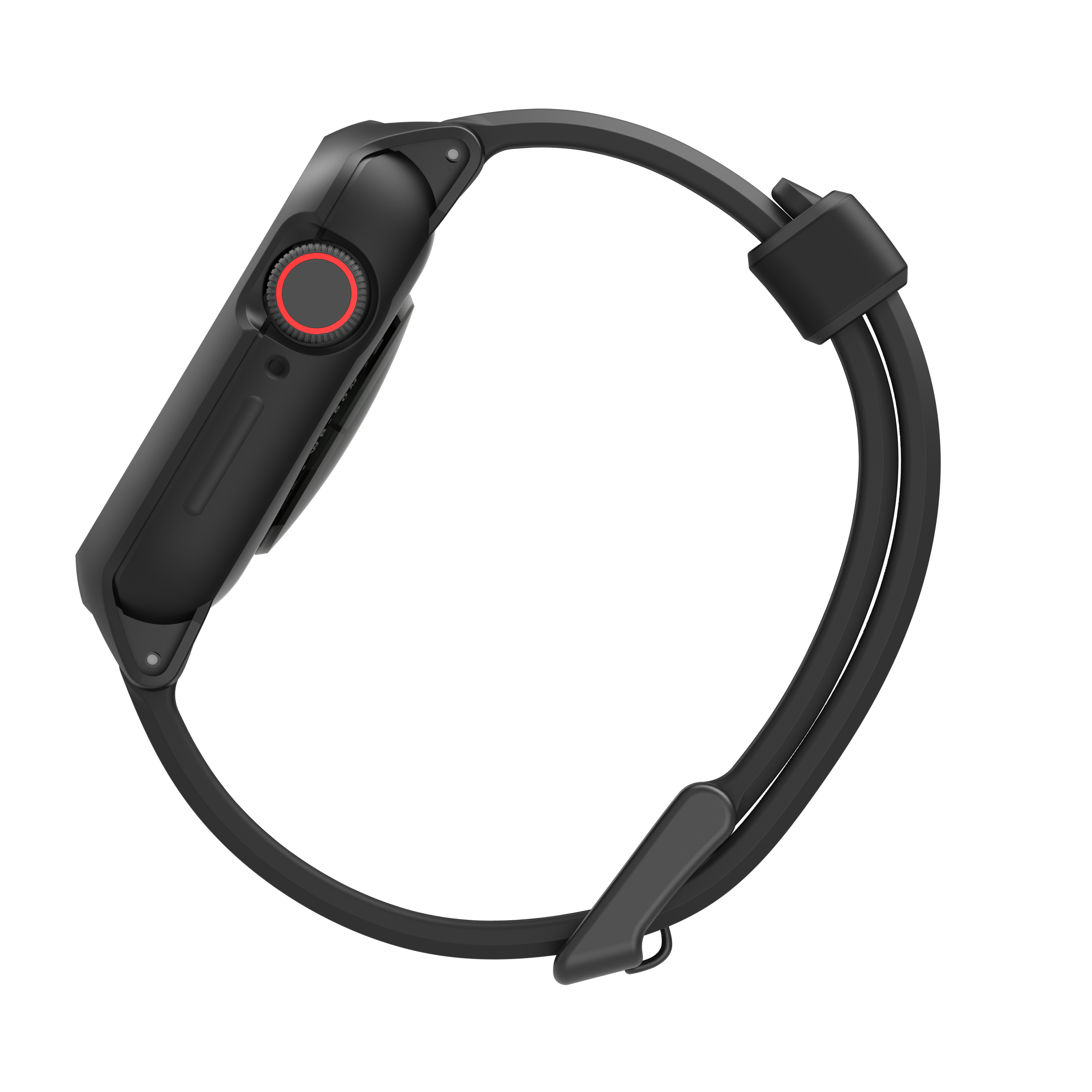 Eine schwarze Smartwatch mit rot akzentuierter digitaler Krone und Silikonarmband auf schwarzem Hintergrund.