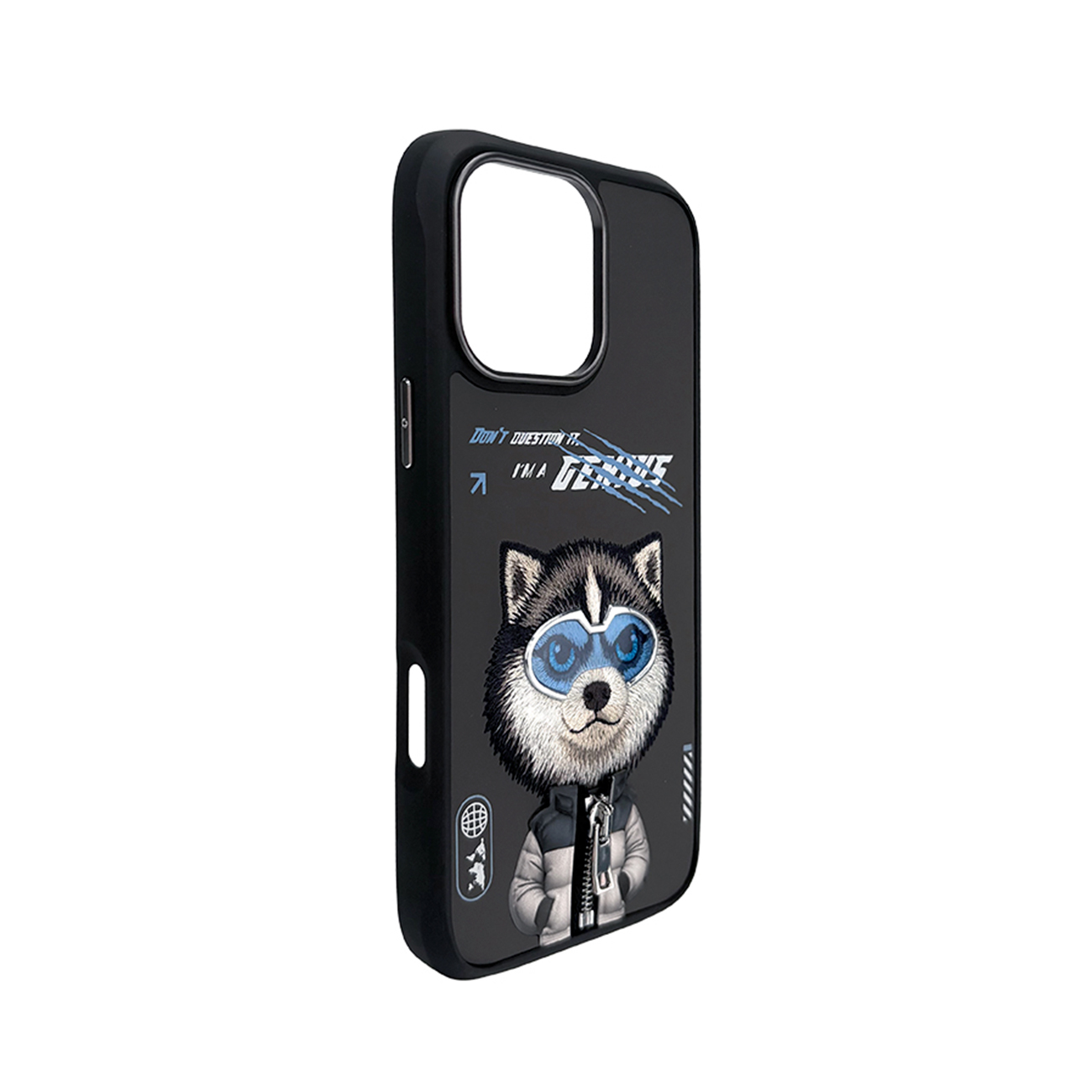 Funda de móvil negra con un husky con gafas de esquí y chaqueta, y texto en la parte trasera.