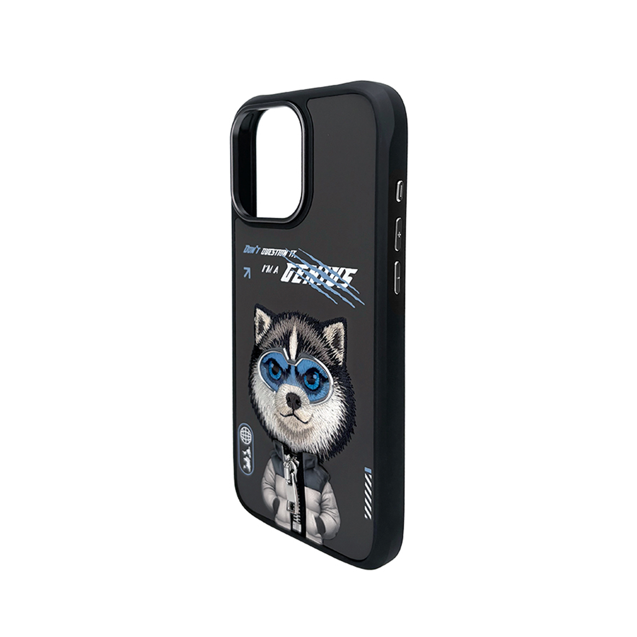 Funda de teléfono negra con la ilustración de un husky con gafas azules y chaqueta acolchada.