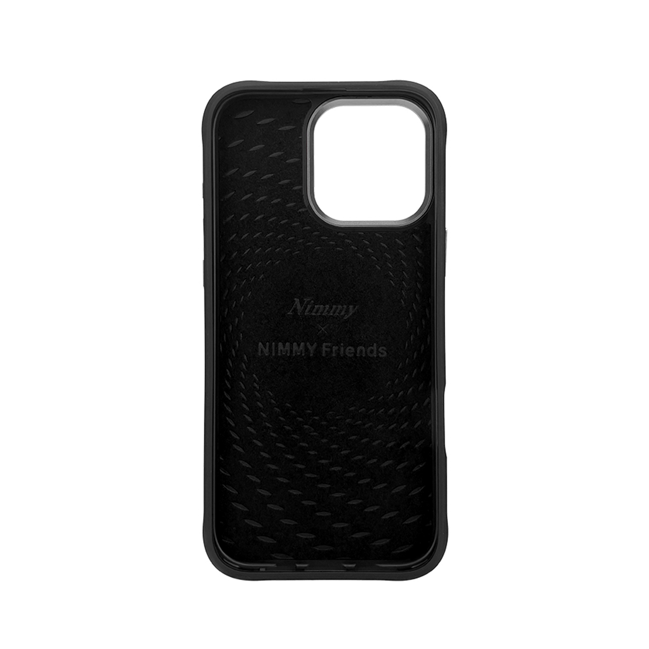 Funda de móvil negra con recorte de cámara y texto interior.