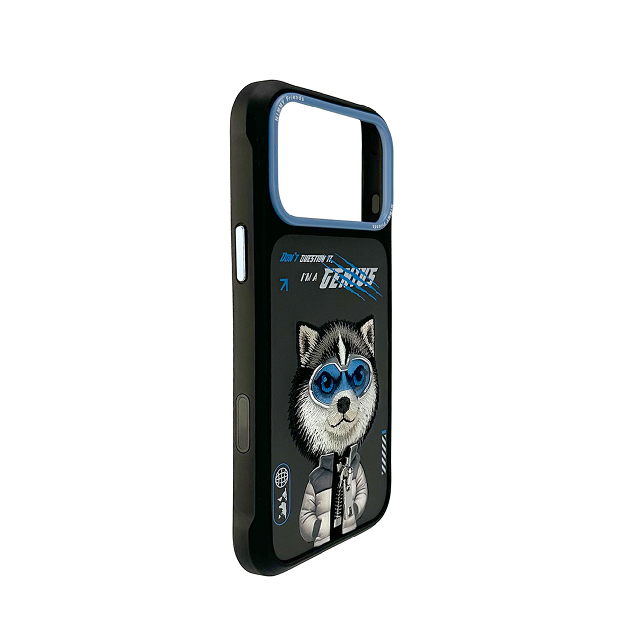 Funda de móvil negra con un husky con gafas azules, chaqueta y texto.