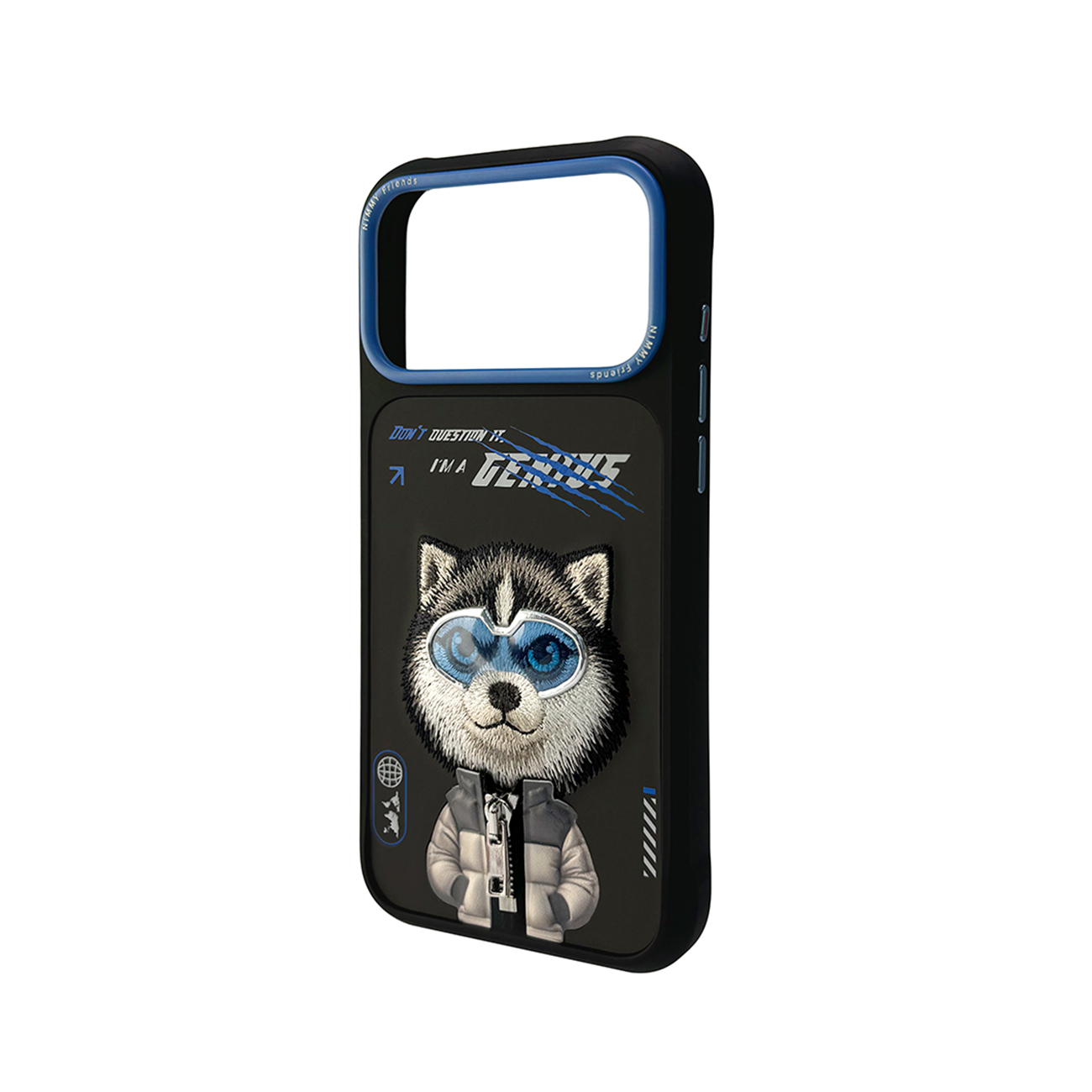 Una funda de móvil negra con marco de cámara azul muestra un husky bordado con gafas y chaqueta.