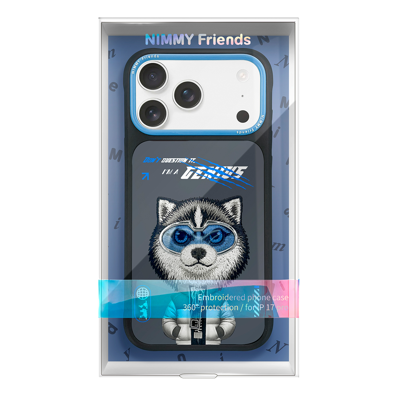 Funda Nimmy Friends con husky bordado con gafas en gris oscuro dentro de su caja.