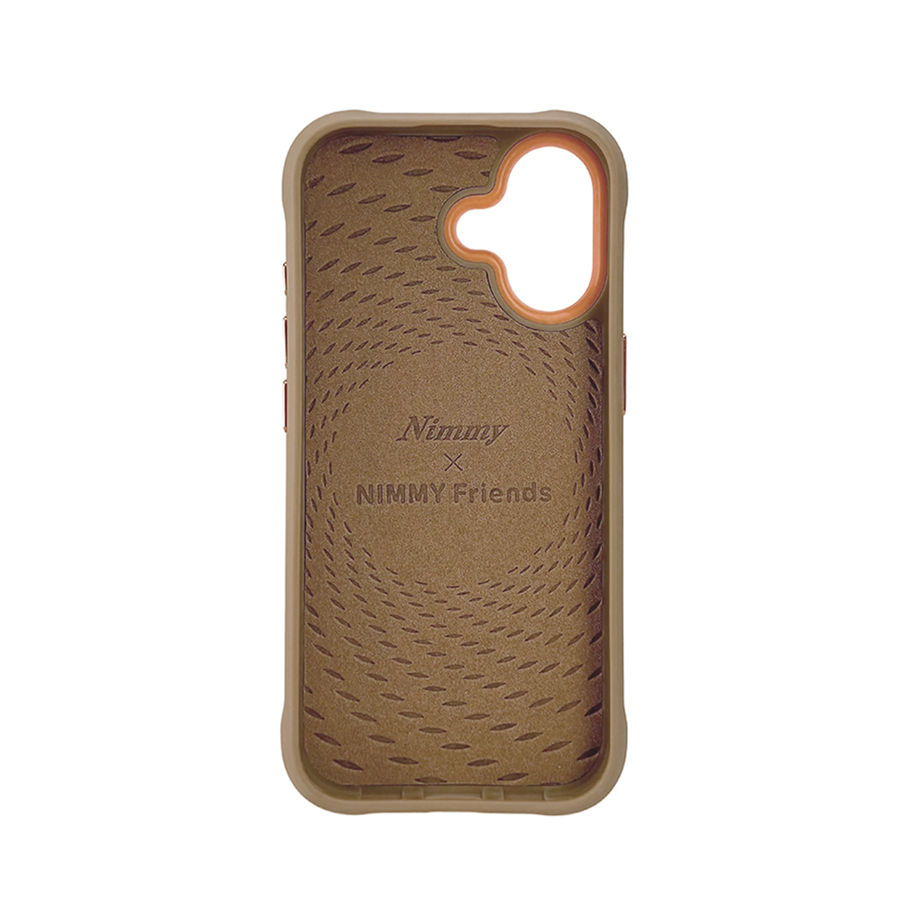 Vista interior de una funda de teléfono marrón con textura y texto Nimmy Friends.