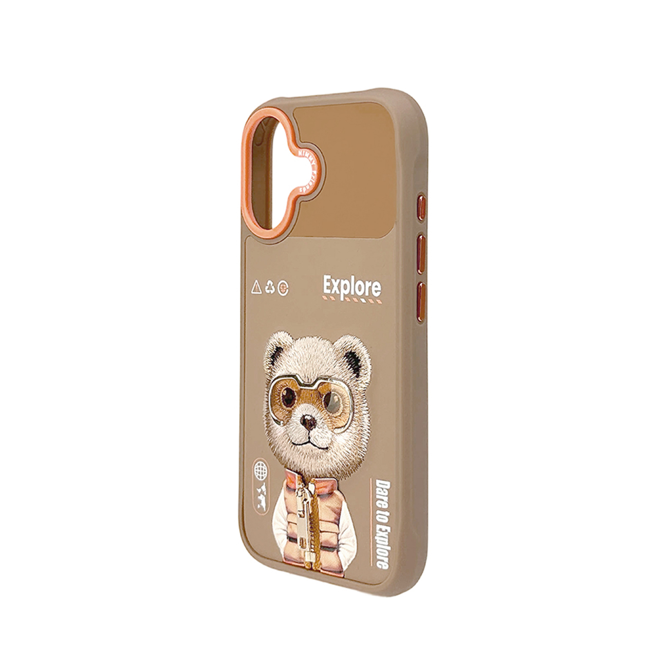 Funda de móvil marrón con un oso de peluche bordado con gafas de aviador, texto Explore y detalles naranjas.