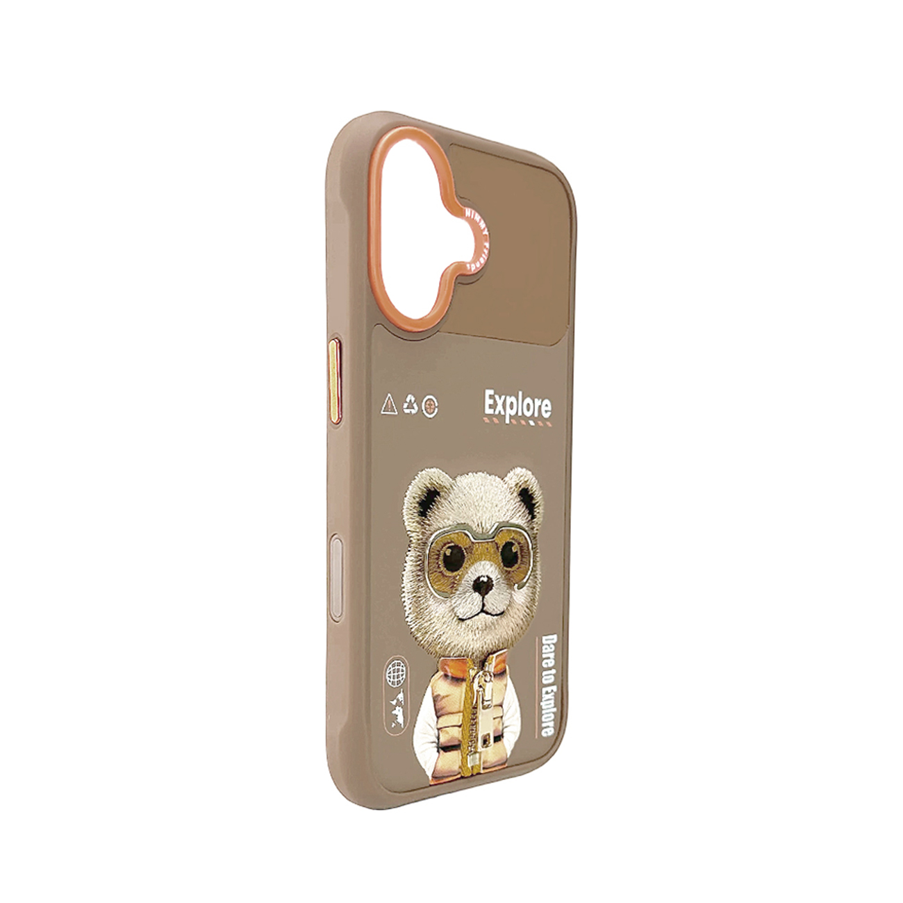 Fundа marrón para teléfono con un oso con gafas y el texto Explore.