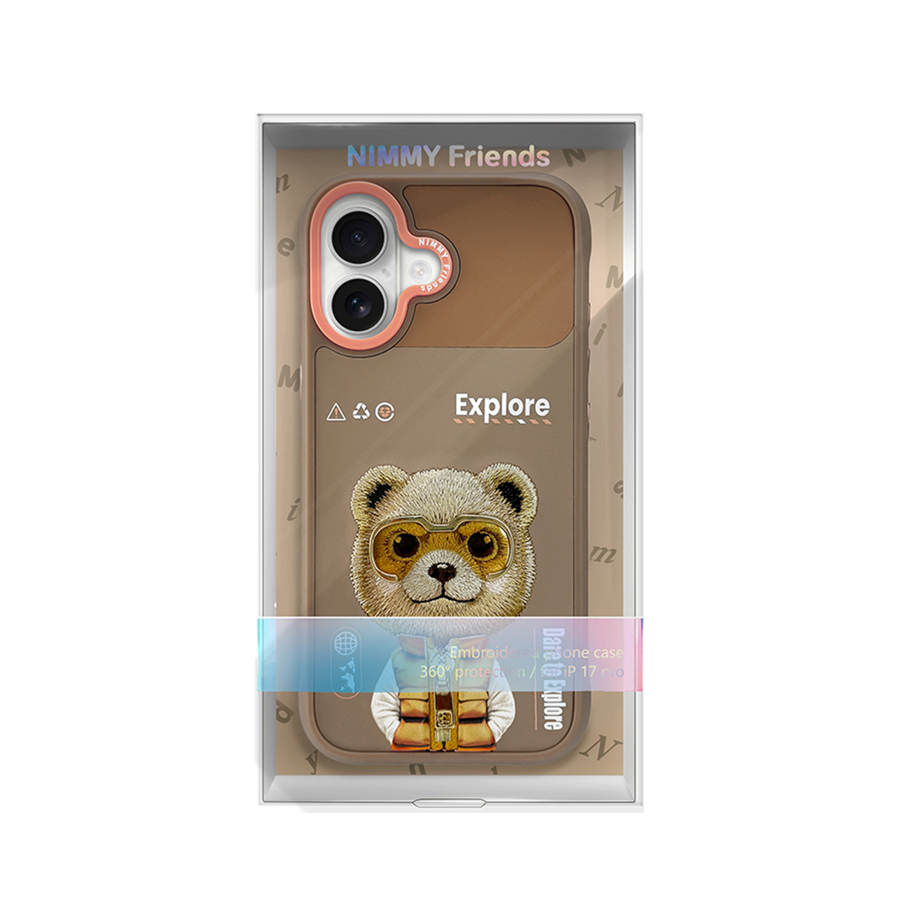 Funda de móvil marrón en caja con oso bordado, gafas y texto Explore.