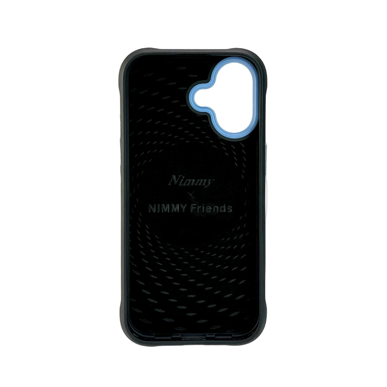 Funda de teléfono negra con borde de cámara azul y texto Nimmy Friends.