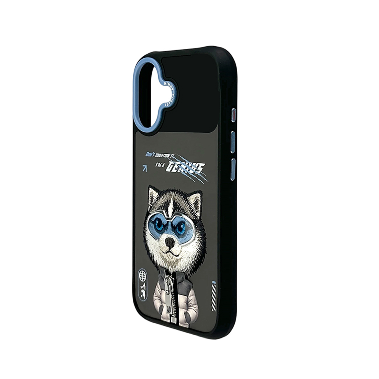 Funda de móvil negra con un husky con gafas de esquí y chaqueta, detalles azules y texto I'm a Genius.