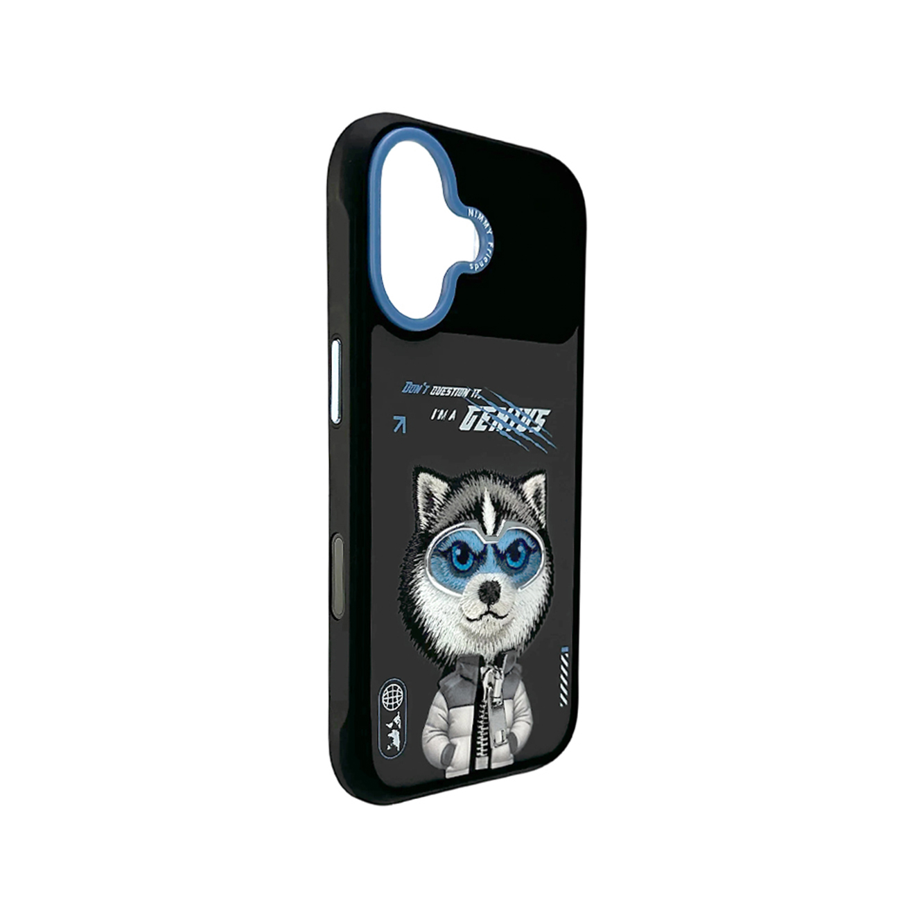 Una funda de móvil negra con un husky de dibujos animados con gafas y chaqueta, texto azul y recorte para cámara.