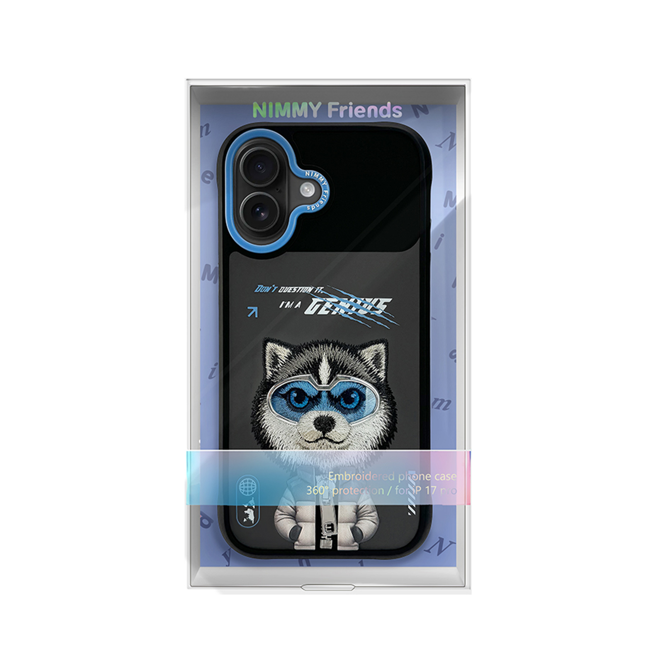 Funda de móvil negra con husky bordado y borde de cámara azul en su caja.