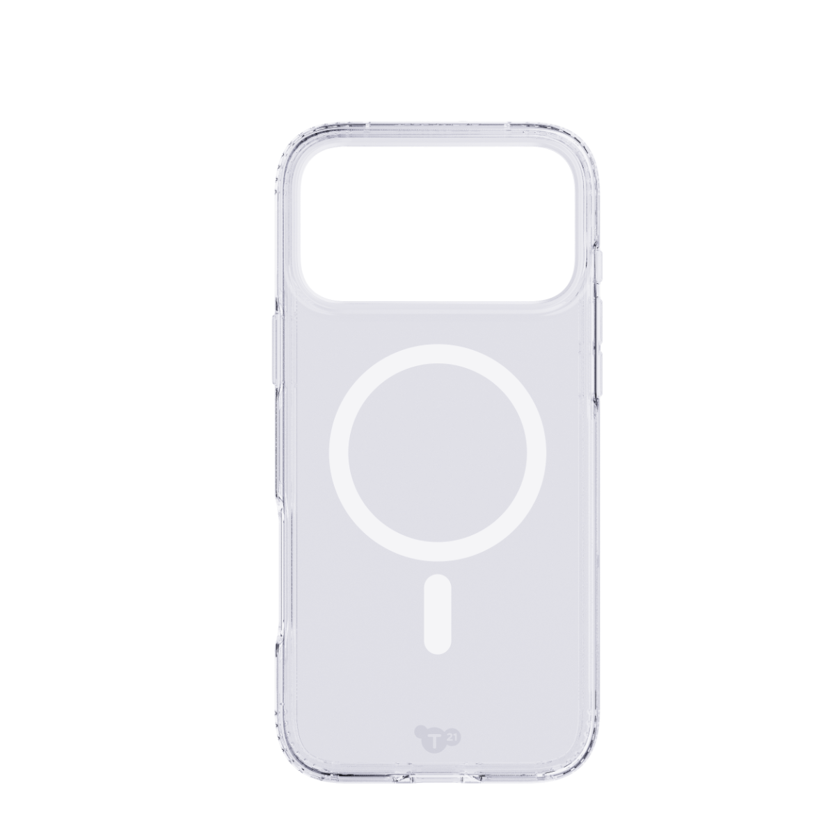 Funda transparente para teléfono con un círculo magnético sobre fondo negro.