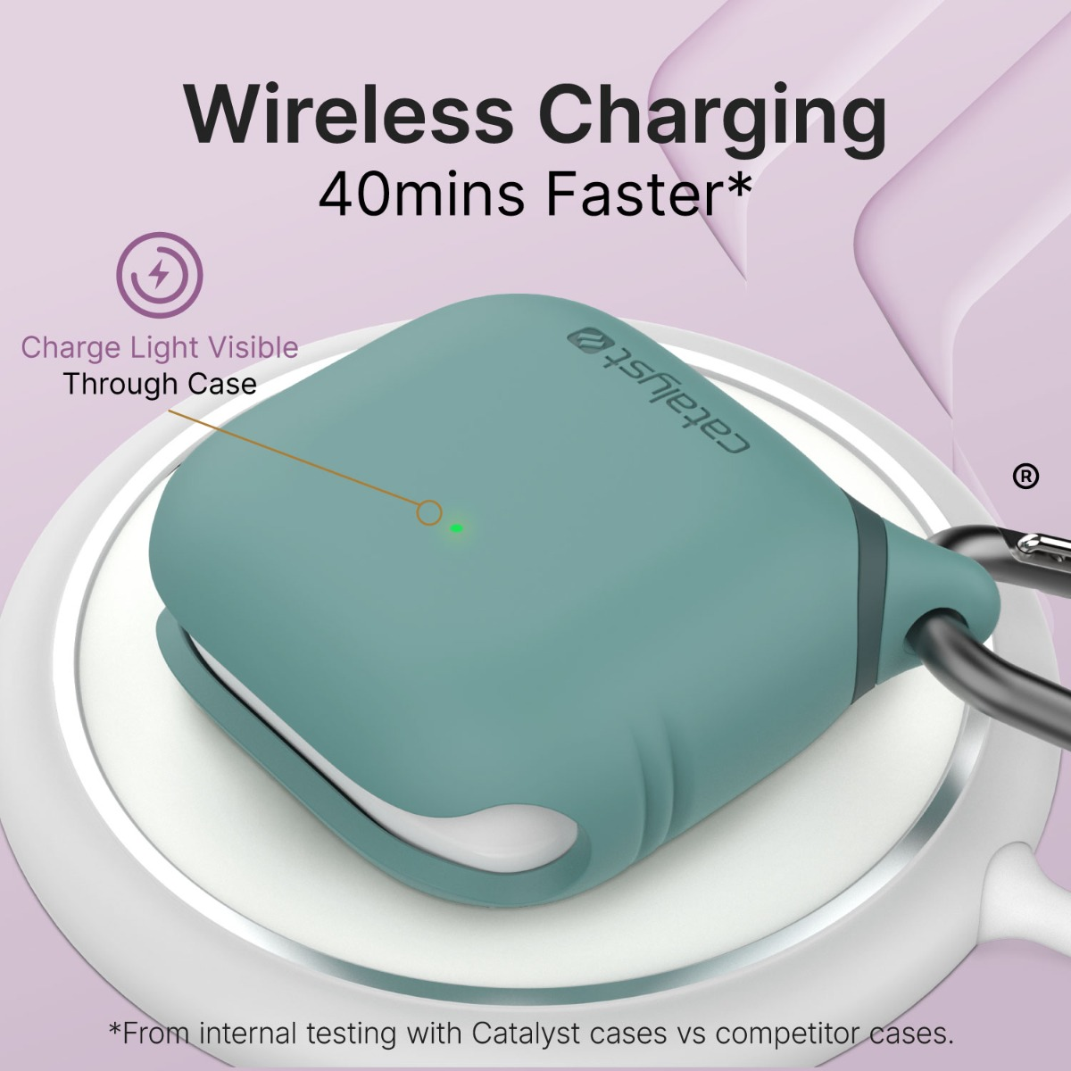 Ein grünes AirPods-Case liegt auf einem weißen Wireless-Charger mit sichtbarer Ladeleuchte.
