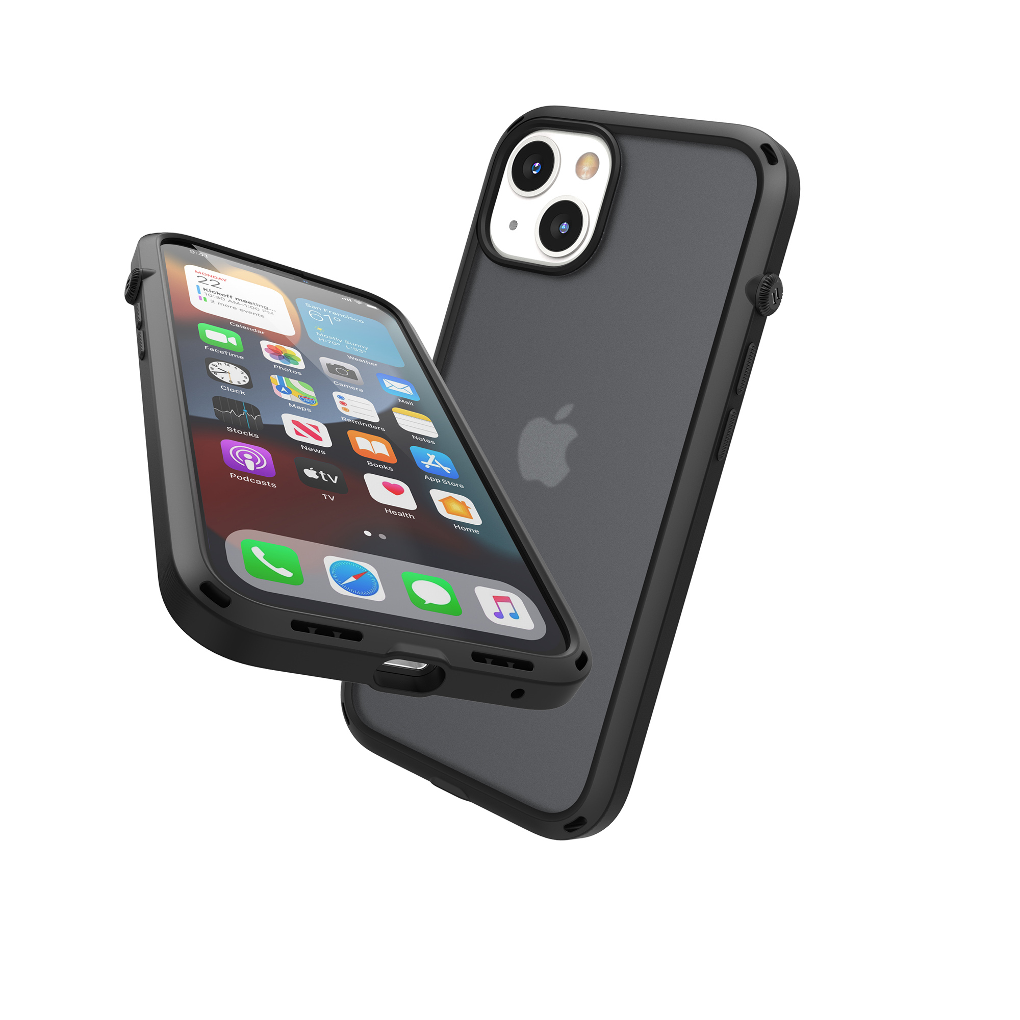 Zwei schwarze iPhones in Schutzhüllen schweben, eines zeigt den Startbildschirm, das andere die Rückseite mit Kameras.