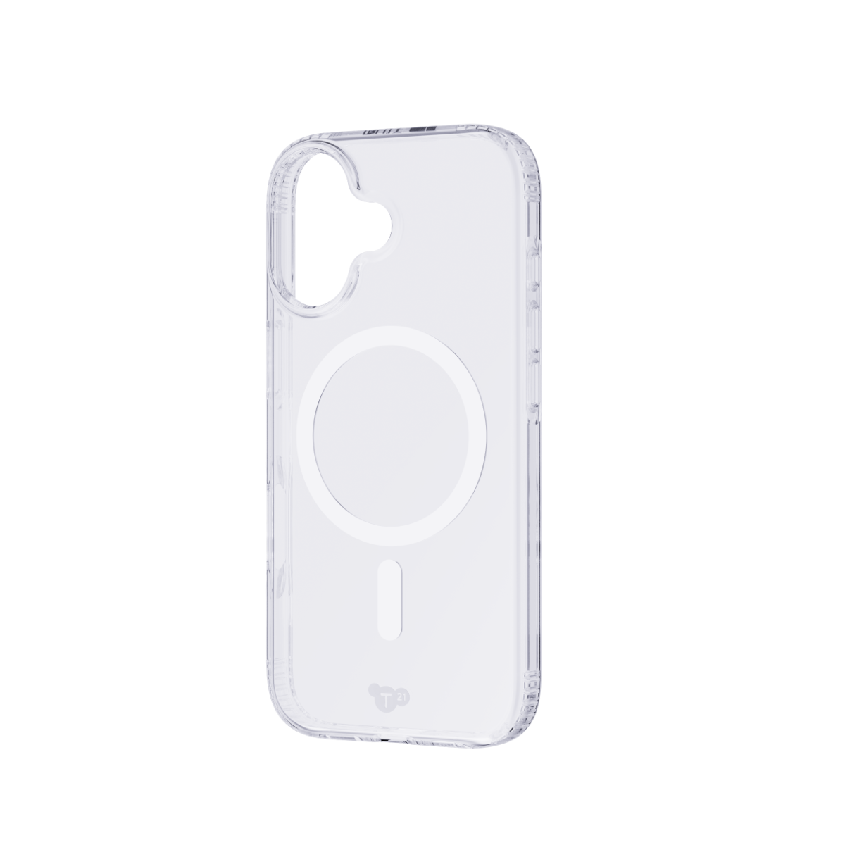 Eine transparente Smartphone-Hülle mit MagSafe-Ring und Kamera-Aussparung vor schwarzem Hintergrund.