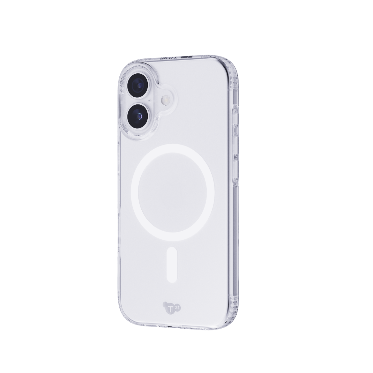 Eine transparente Smartphone-Hülle mit MagSafe-Ring und Dual-Kamera-Aussparung vor schwarzem Hintergrund.