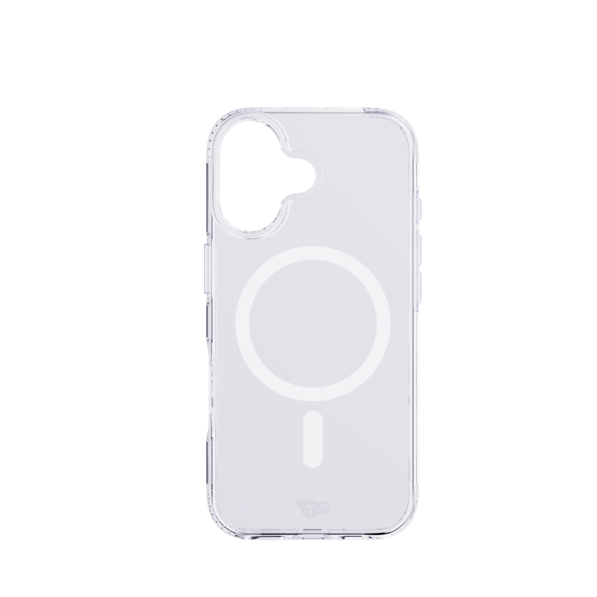 Eine transparente Handyhülle mit MagSafe-Ring und Kamera-Aussparung vor schwarzem Hintergrund.