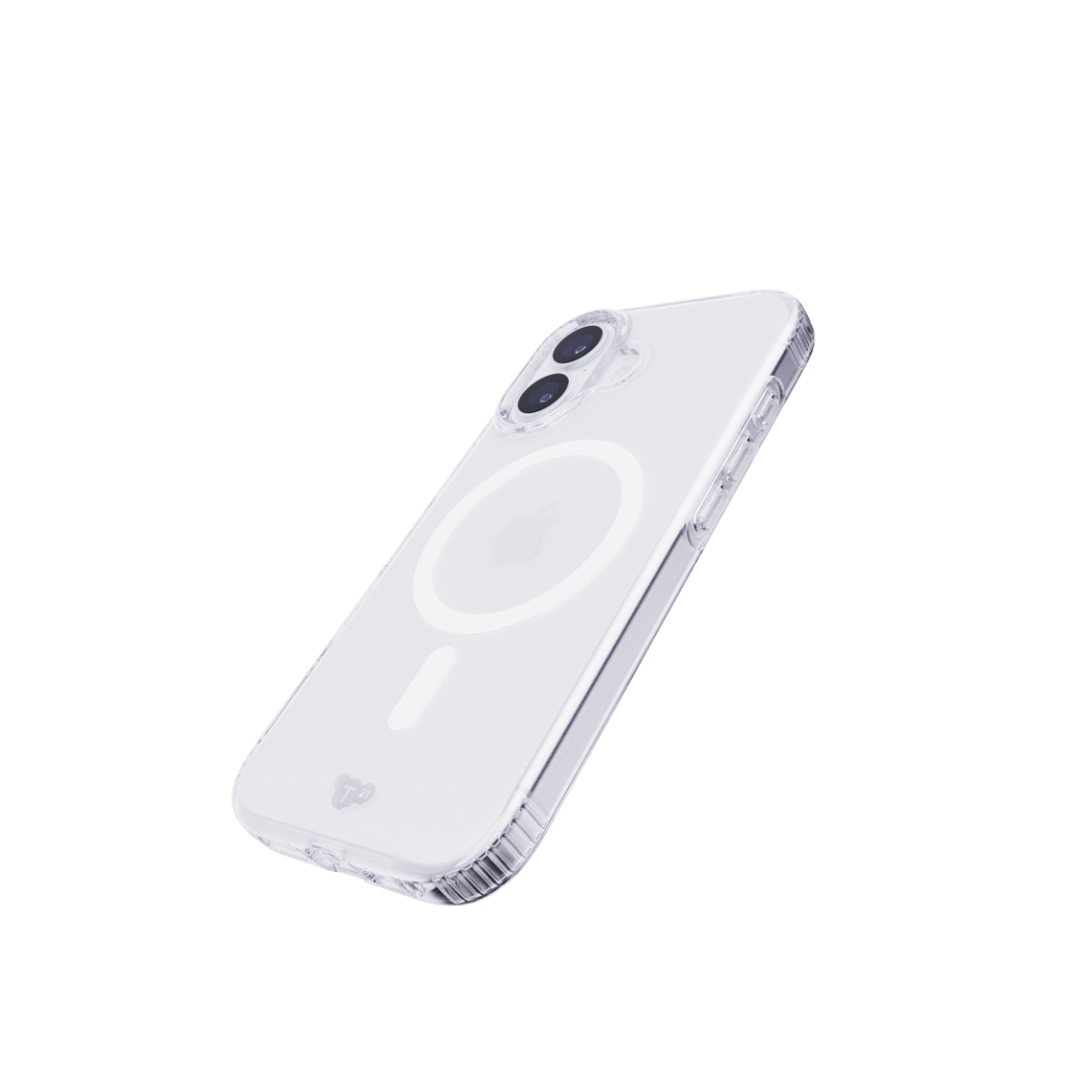 Ein weißes Smartphone mit MagSafe-Hülle und Doppelkamera auf schwarzem Hintergrund.