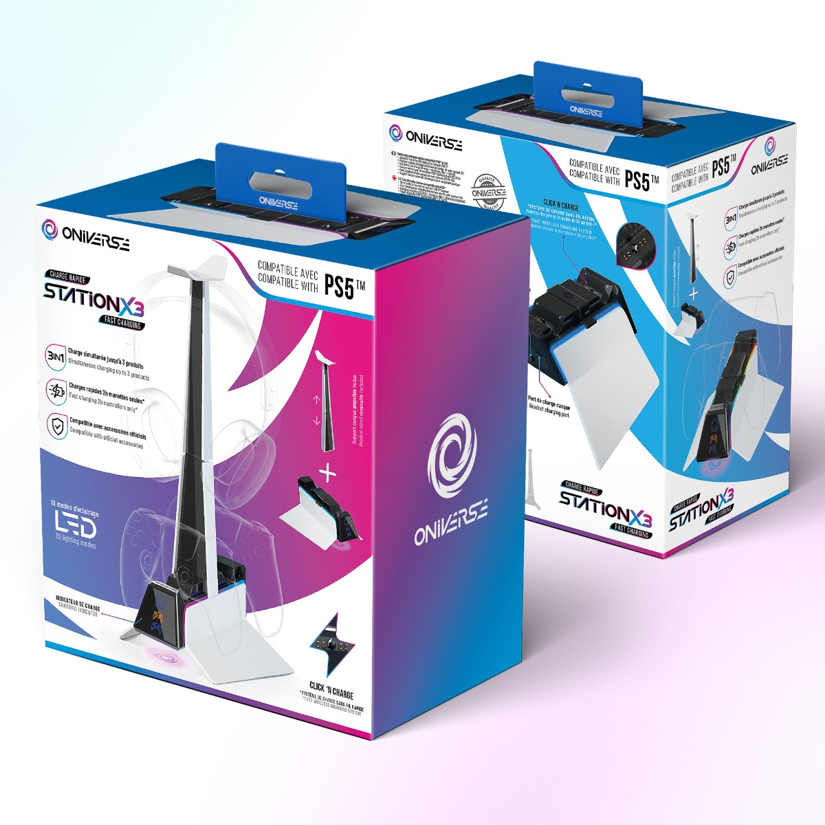 Dos cajas de embalaje azules y blancas para una estación de carga de PS5 con gráficos e información del producto.