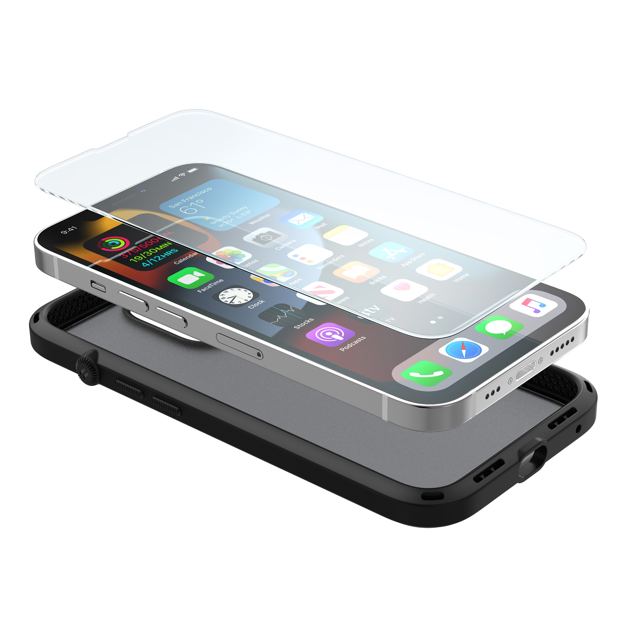Ein Smartphone mit einer Schutzhülle und einer Glasfolie darüber auf weißem Hintergrund.