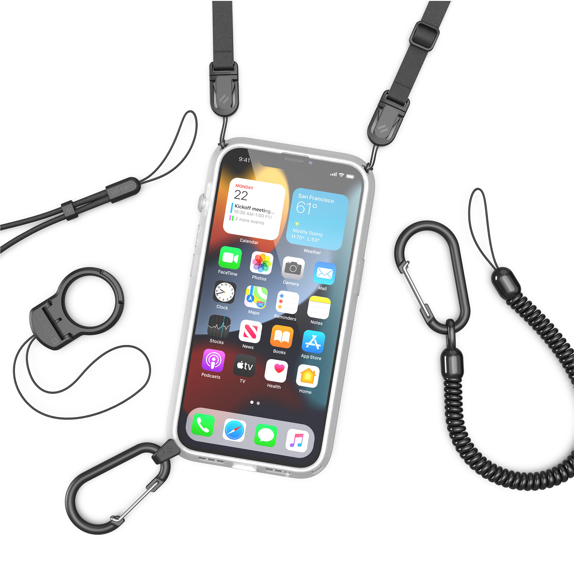 Ein iPhone in einer transparenten Hülle, umgeben von verschiedenen schwarzen Bändern und Karabinerhaken.