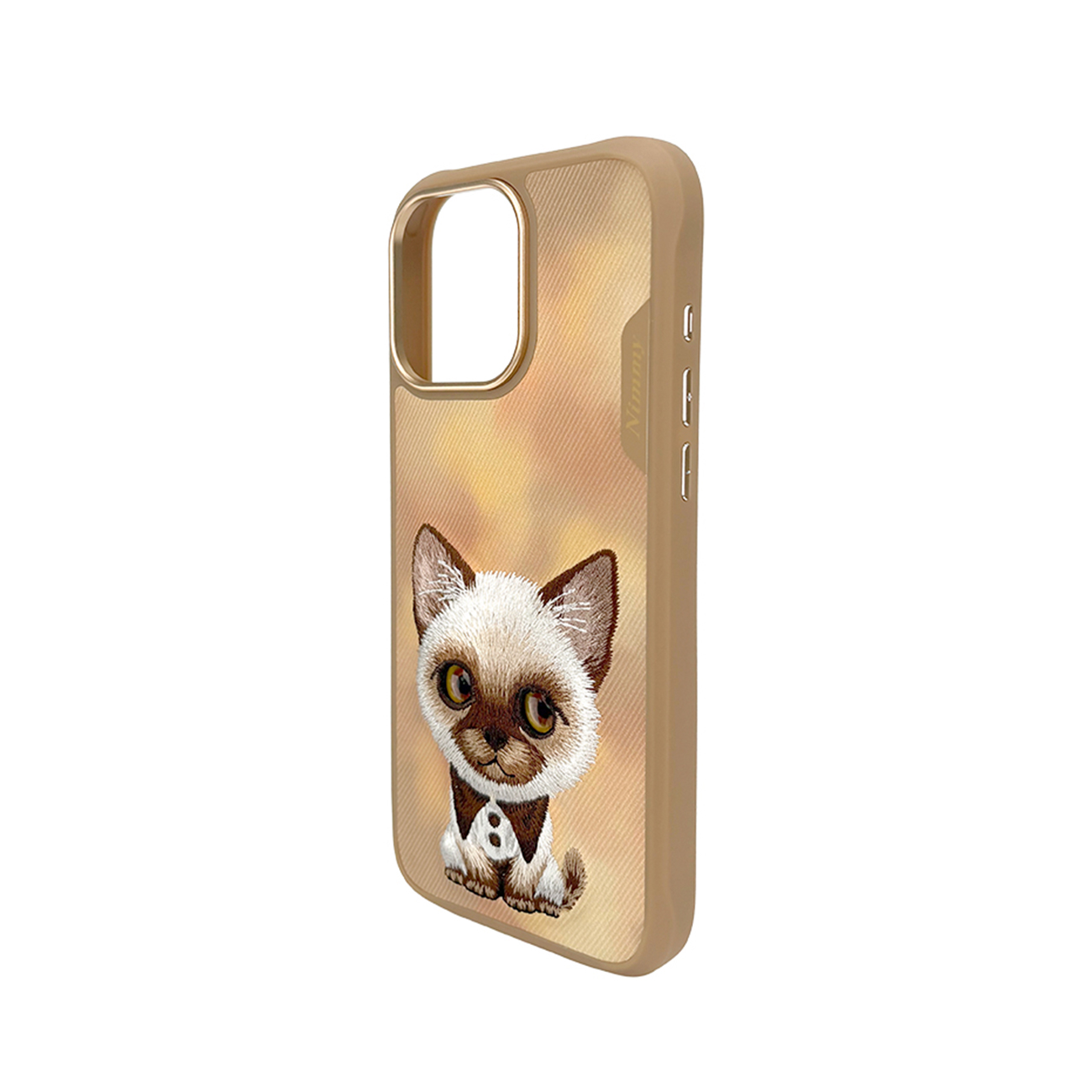 Fundador de teléfono dorado con ilustración de un pequeño gato siamés en traje sobre fondo beige.