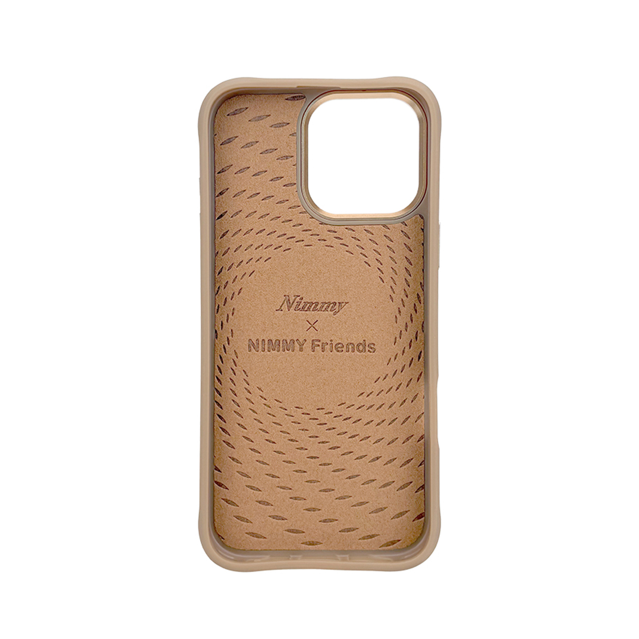 Una funda de teléfono tostada con un patrón de guiones en espiral y el logotipo de Nimmy x NIMMY Friends.