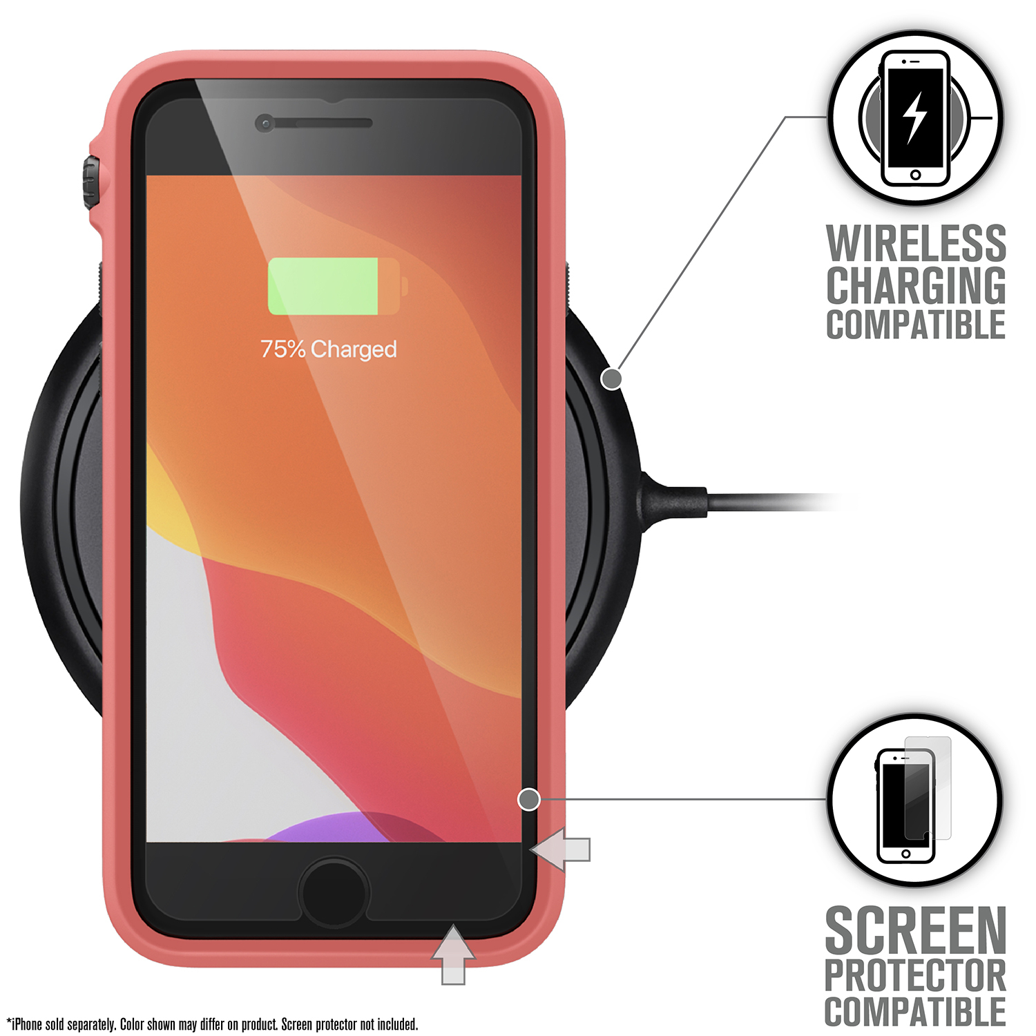 Smartphone in rosafarbenem Gehäuse auf kabellosem Ladegerät, kompatibel mit Schutzfolie.