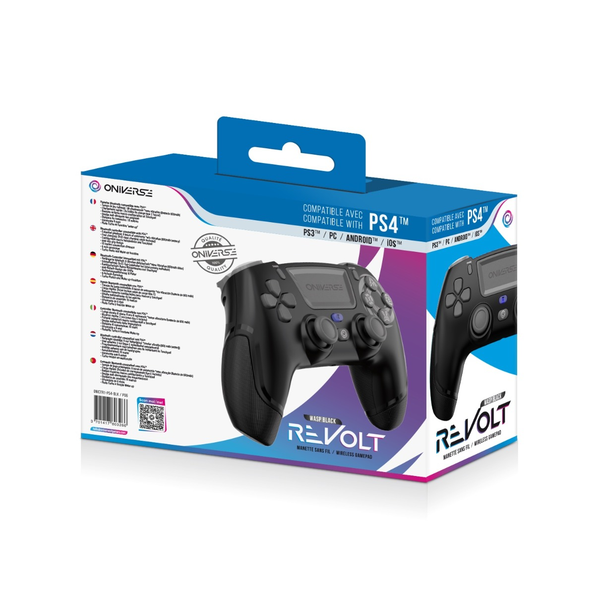 Una caja de embalaje de mando inalámbrico Oniverse Revolt negra, compatible con PS4, PS3, PC, Android e iOS.