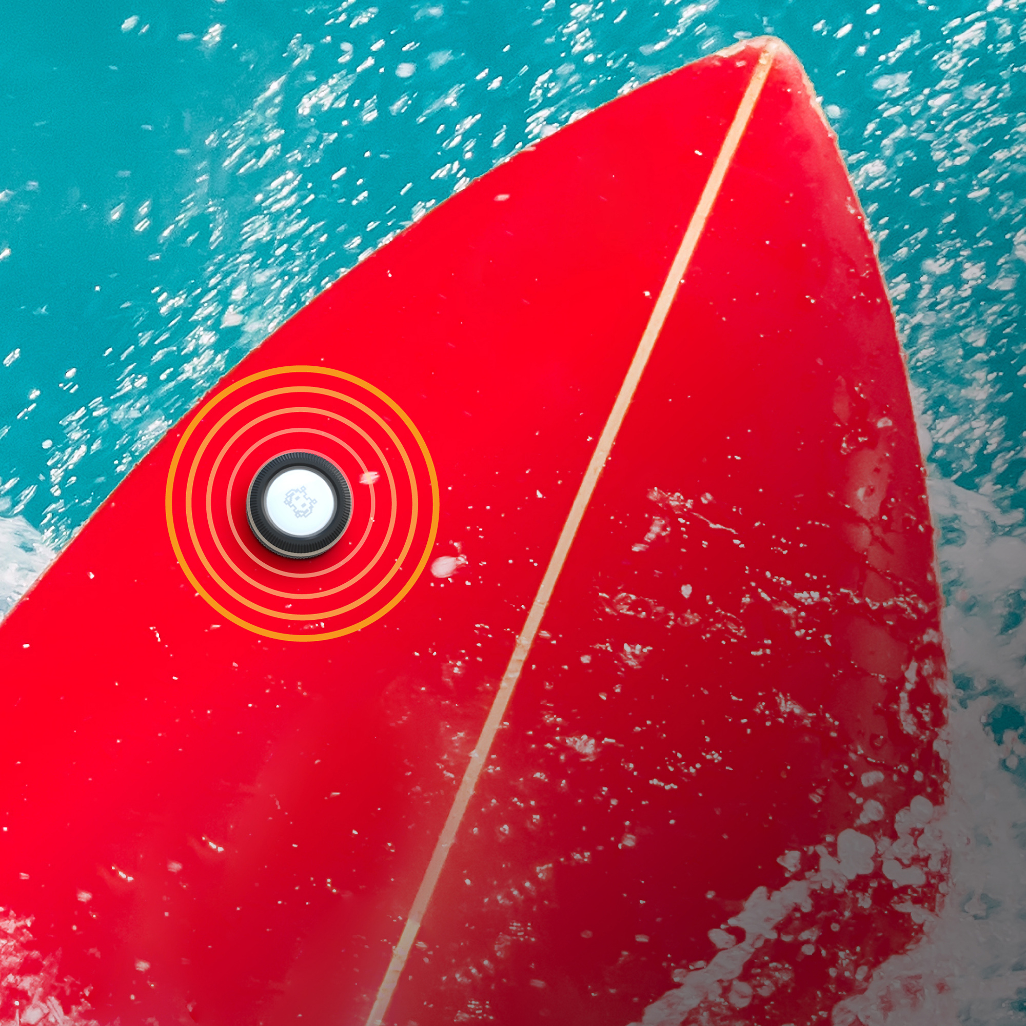 Ein rotes Surfbrett gleitet auf blauem Wasser mit Schaum, mit einem Sendegerät und gelben Wellenlinien.
